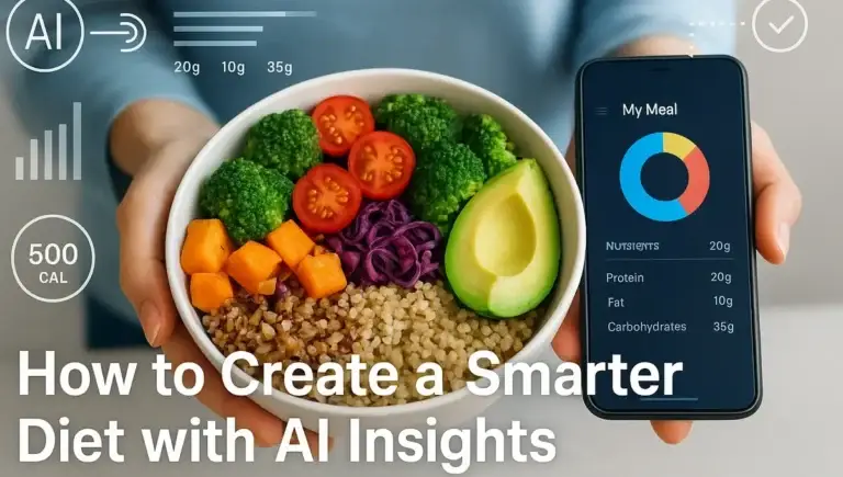 Person using AI nutrition app to plan diet with personalized food data overlay.