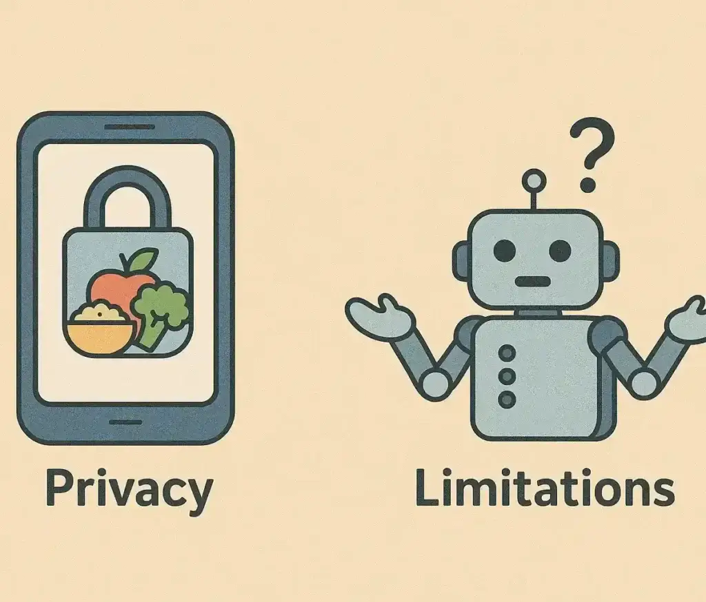 Illustration of data privacy and limitations of AI in nutrition tracking.