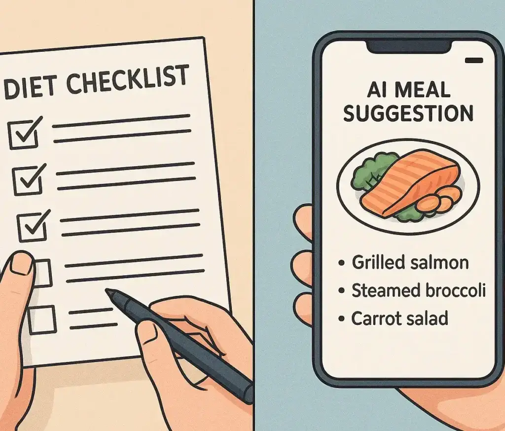 Comparison of traditional diet planning and AI-driven nutrition app on smartphone.