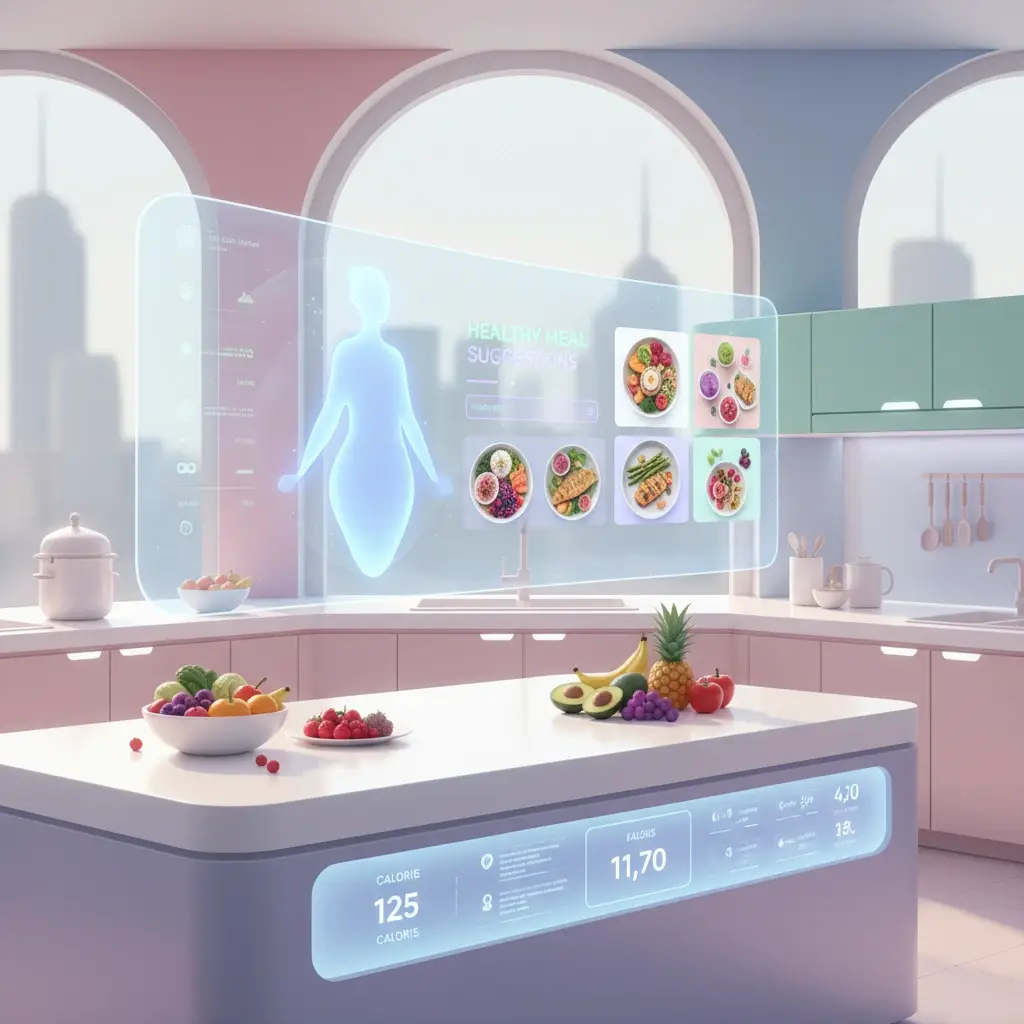 Futuristic kitchen with holographic AI assistant suggesting healthy meals.