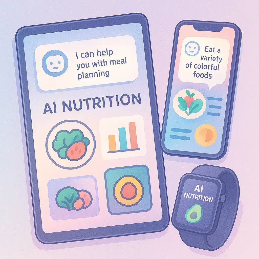 Digital devices showcasing AI nutrition apps and chatbot meal suggestions.