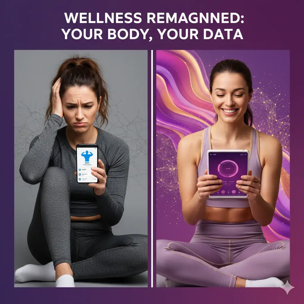 Split-screen: frustrated woman with generic fitness app vs. smiling woman with personalized AI wellness dashboard.