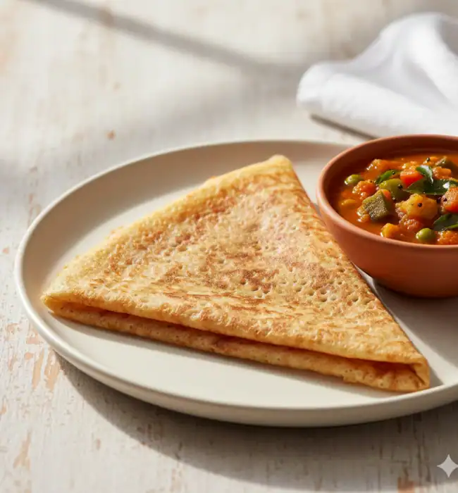 High-protein, low-calorie Ragi Dosa (Finger Millet Pancake) folded on a plate with a side bowl of bright vegetable sambar.