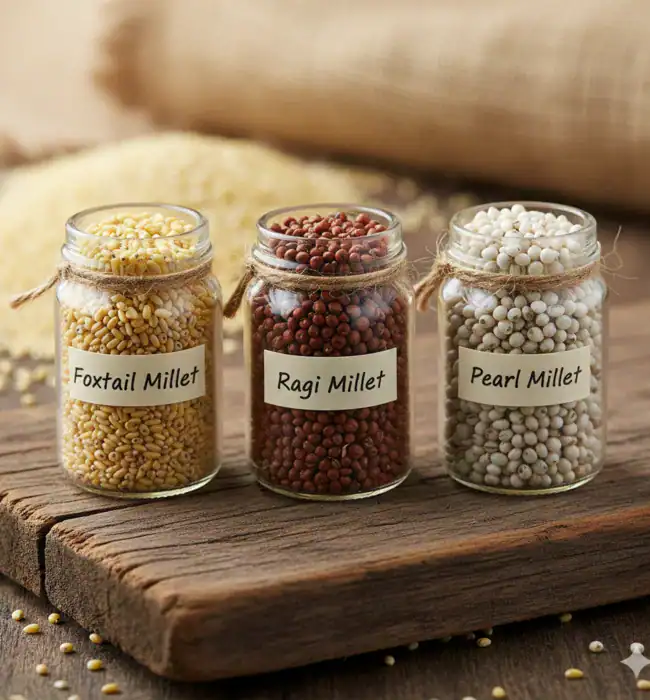 The Power of Ancient Grains: A visual look at raw Foxtail, Ragi (Finger Millet), and Pearl Millet. These naturally gluten-free grains are essential for a low-glycemic index diet.