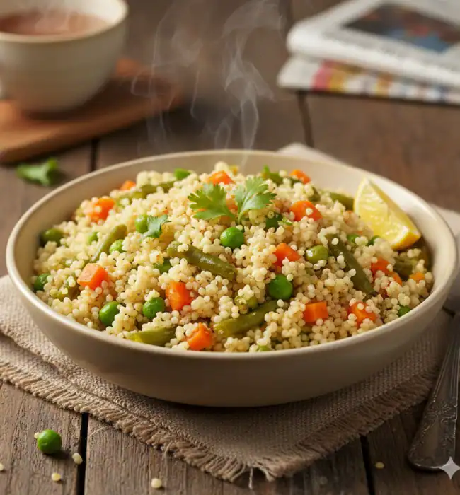 Warm, savory bowl of Barnyard Millet Upma with carrots, peas, and cilantro. A wholesome, fiber-rich millet breakfast.