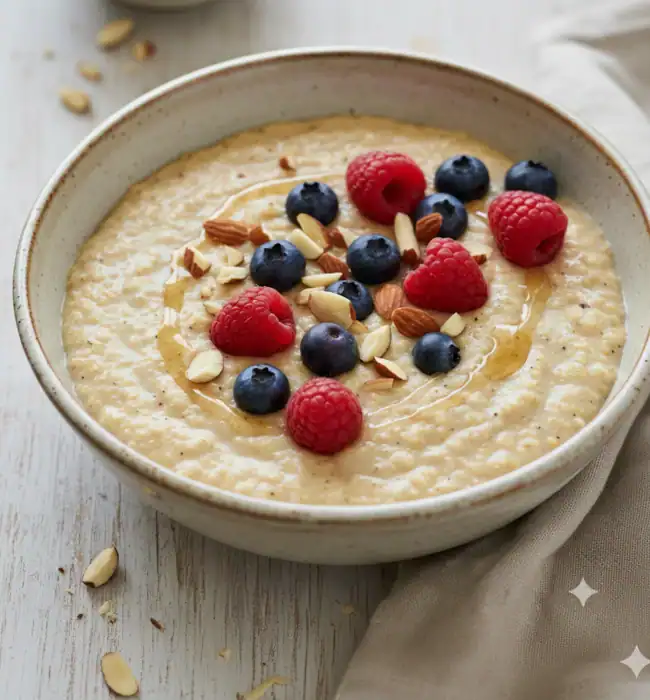 Creamy Foxtail Millet Porridge topped with fresh raspberries, blueberries, and chopped almonds. A healthy, filling breakfast alternative to oatmeal.