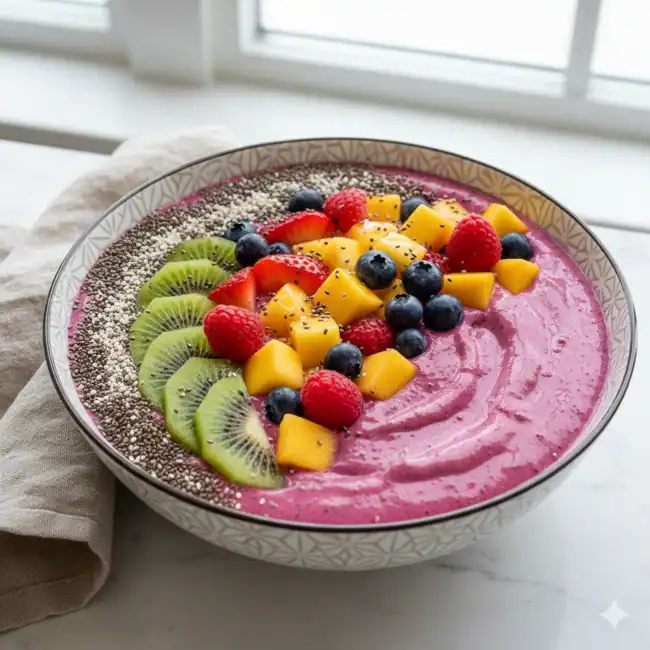Vibrant, power-packed Millet Smoothie Bowl with chia seeds, sliced kiwi, and mixed fruit garnish. Quick-prep, high-nutrient millet meal.