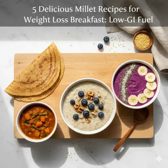 Healthy millet-based breakfast dishes: a Ragi Dosa with vegetable sambar, Foxtail Millet Porridge with berries and nuts, and a Millet Smoothie Bowl. Low-GI fuel for weight loss.