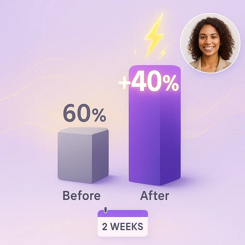 Bar graph showing a 40% energy increase with a user testimonial.
