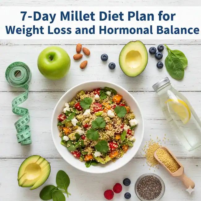 A bright flat lay image of a millet salad bowl surrounded by weight loss and hormone-balancing ingredients like avocado, measuring tape, almonds, blueberries, and millet grains, with the title "7-Day Millet Diet Plan for Weight Loss and Hormonal Balance" overlayed.