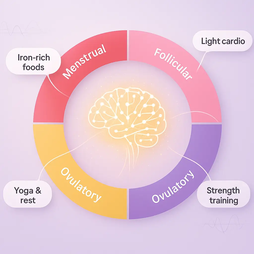 Circular diagram of the menstrual cycle with an AI brain giving phase-based recommendations.