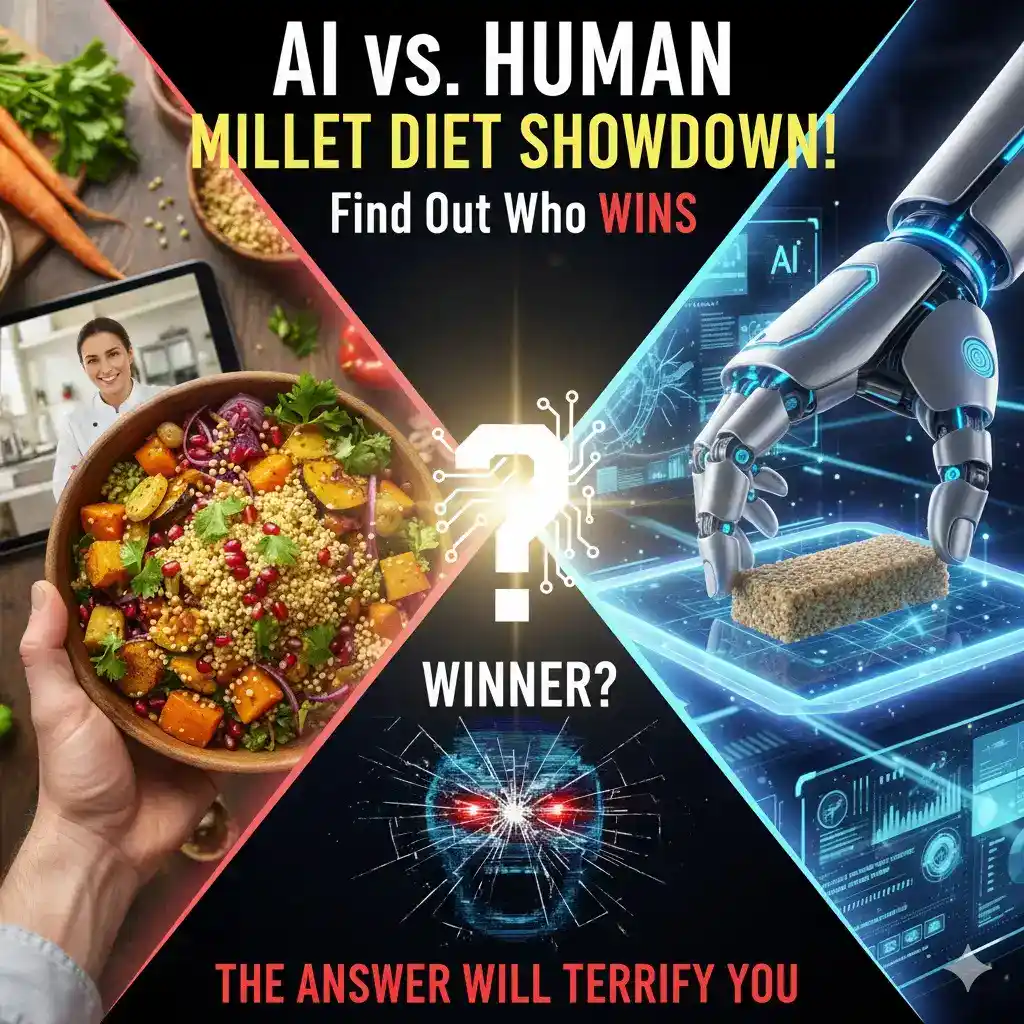 Epic AI vs Human Millet Diet Showdown. Visual split screen showing a vibrant, colorful millet salad (Human) against a futuristic robotic arm presenting a millet protein bar on a digital interface (AI). A red-eyed winner graphic is below, with the text "The Answer Will Terrify You."
